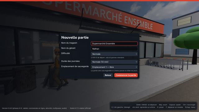 Création de partie : nom, difficulté, durée des journées