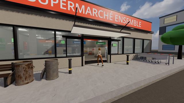La façade, le parking et les clients qui arrivent